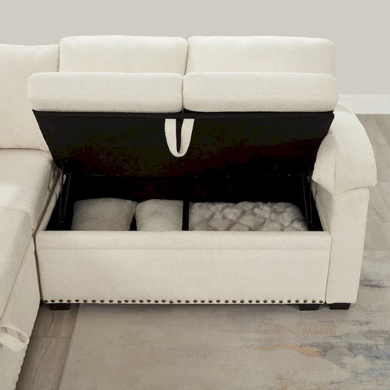 97 Chenille Ecksofa mit Stauraum-Ottomane, 7 Sitze & 2 Kissen - Verwandlungssofa