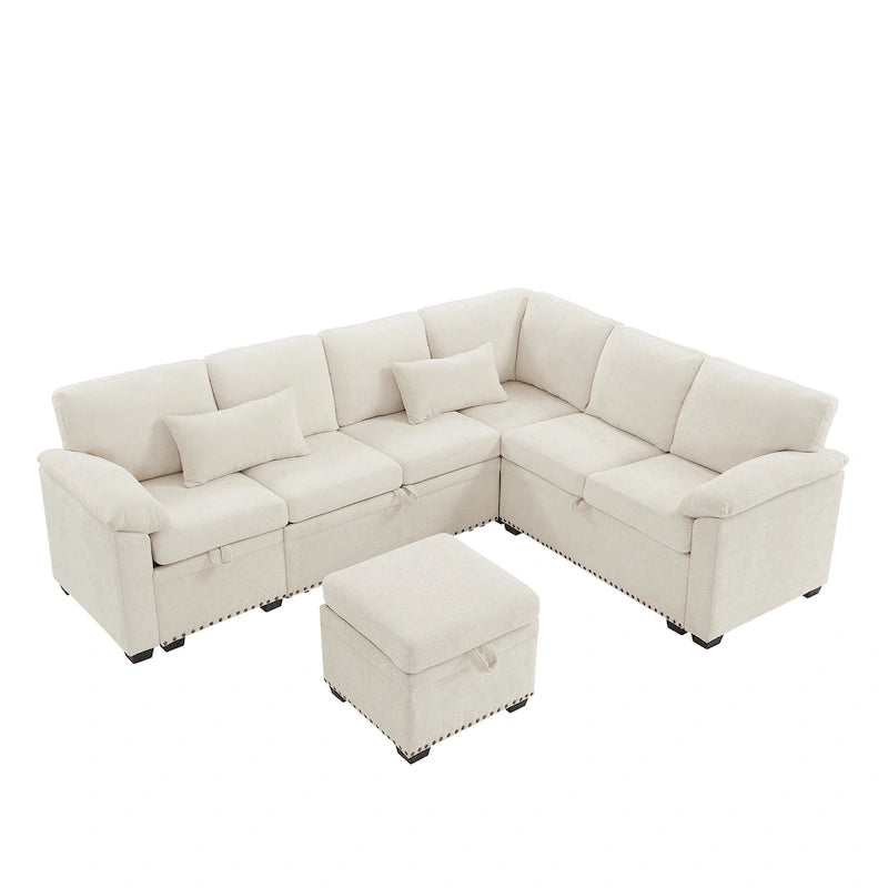 97 Chenille Ecksofa mit Stauraum-Ottomane, 7 Sitze & 2 Kissen - Verwandlungssofa