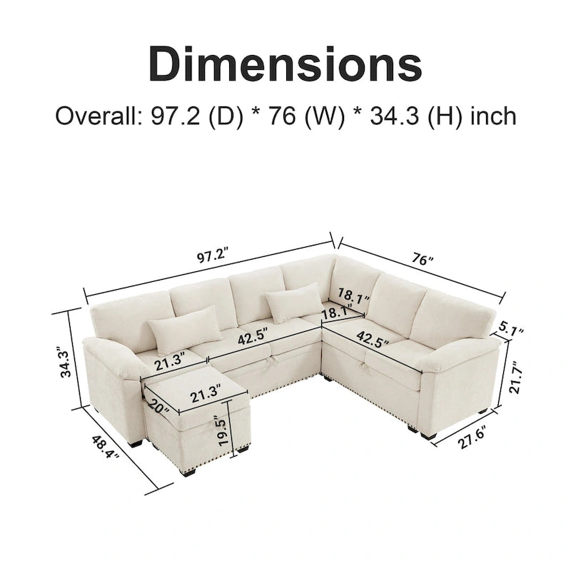 97 Chenille Ecksofa mit Stauraum-Ottomane, 7 Sitze & 2 Kissen - Verwandlungssofa