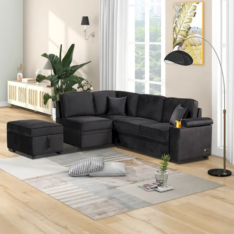 84.75 L-förmiges 5-Sitzer-Sofa mit Stauraum-Ottomane, 2-in-1 Ausziehsofa für das Wohnzimmer