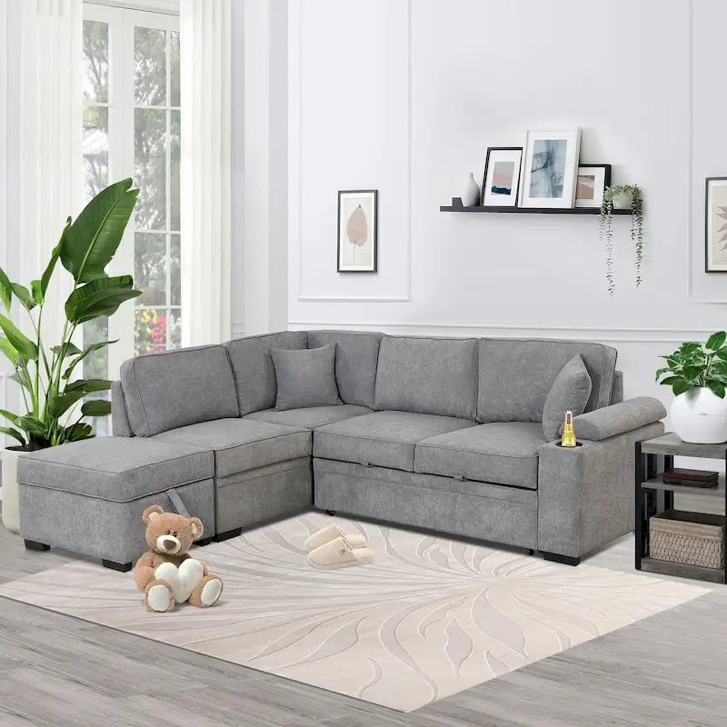 84.75 L-förmiges 5-Sitzer-Sofa mit Stauraum-Ottomane, 2-in-1 Ausziehsofa für das Wohnzimmer