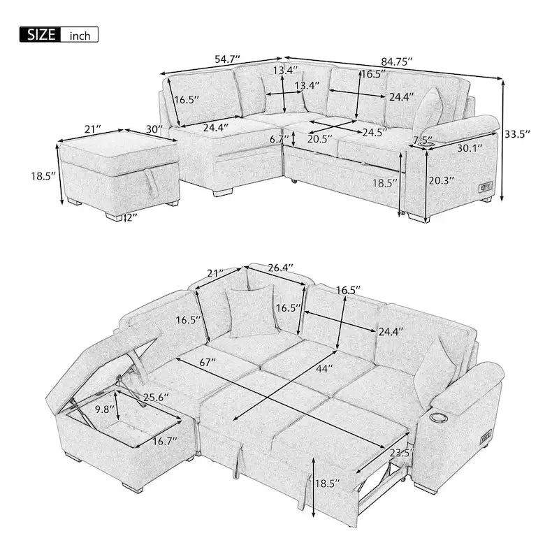 84.75 L-förmiges 5-Sitzer-Sofa mit Stauraum-Ottomane, 2-in-1 Ausziehsofa für das Wohnzimmer