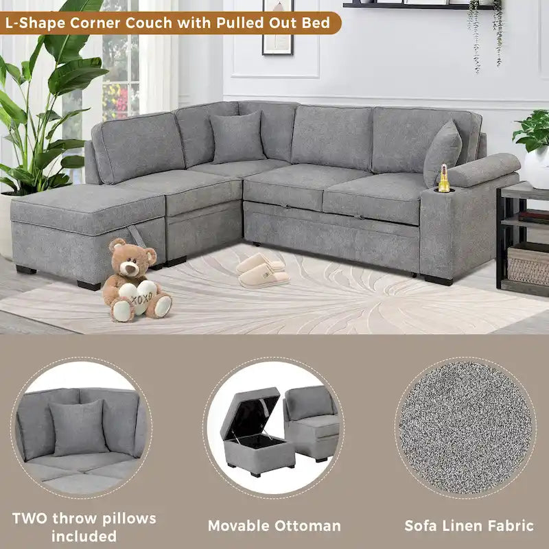 84.75 L-förmiges 5-Sitzer-Sofa mit Stauraum-Ottomane, 2-in-1 Ausziehsofa für das Wohnzimmer