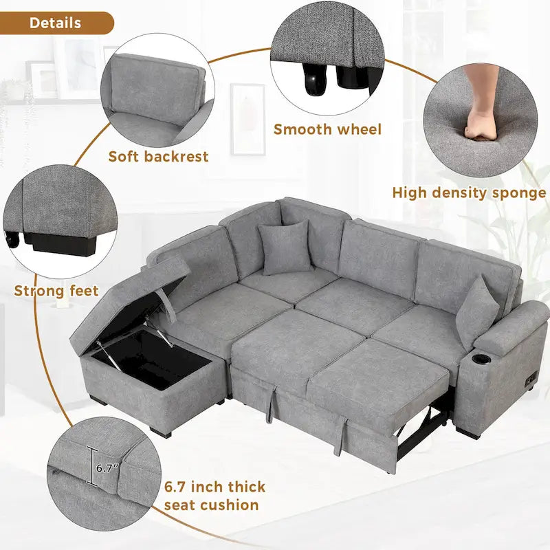 84.75 L-förmiges 5-Sitzer-Sofa mit Stauraum-Ottomane, 2-in-1 Ausziehsofa für das Wohnzimmer