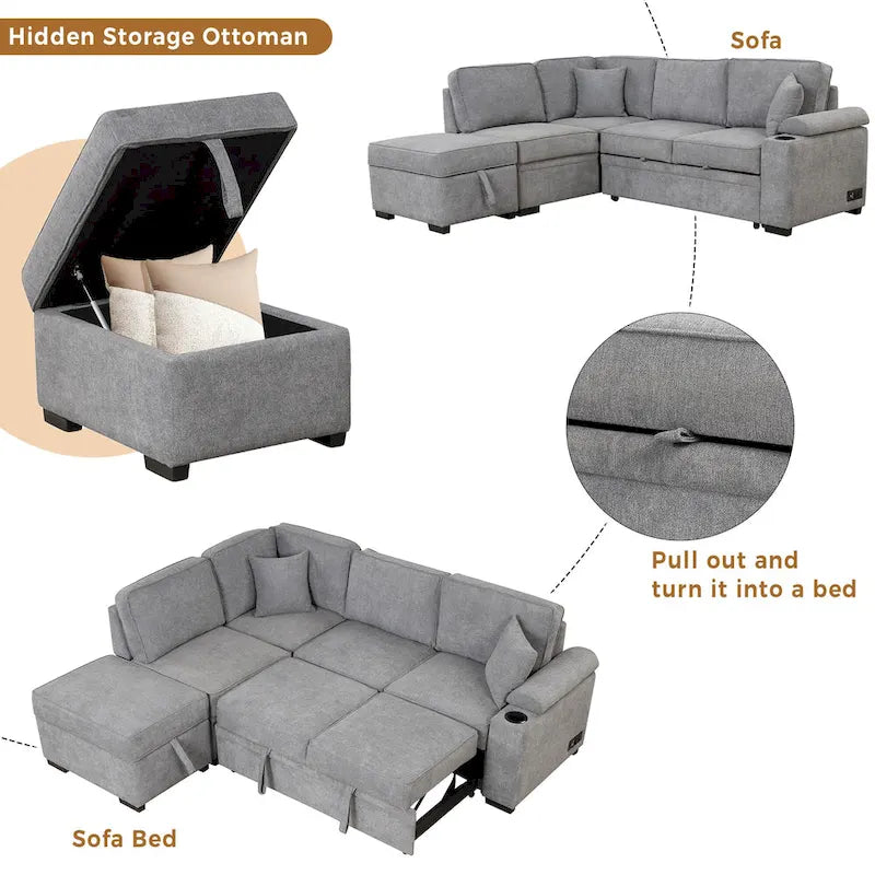 84.75 L-förmiges 5-Sitzer-Sofa mit Stauraum-Ottomane, 2-in-1 Ausziehsofa für das Wohnzimmer