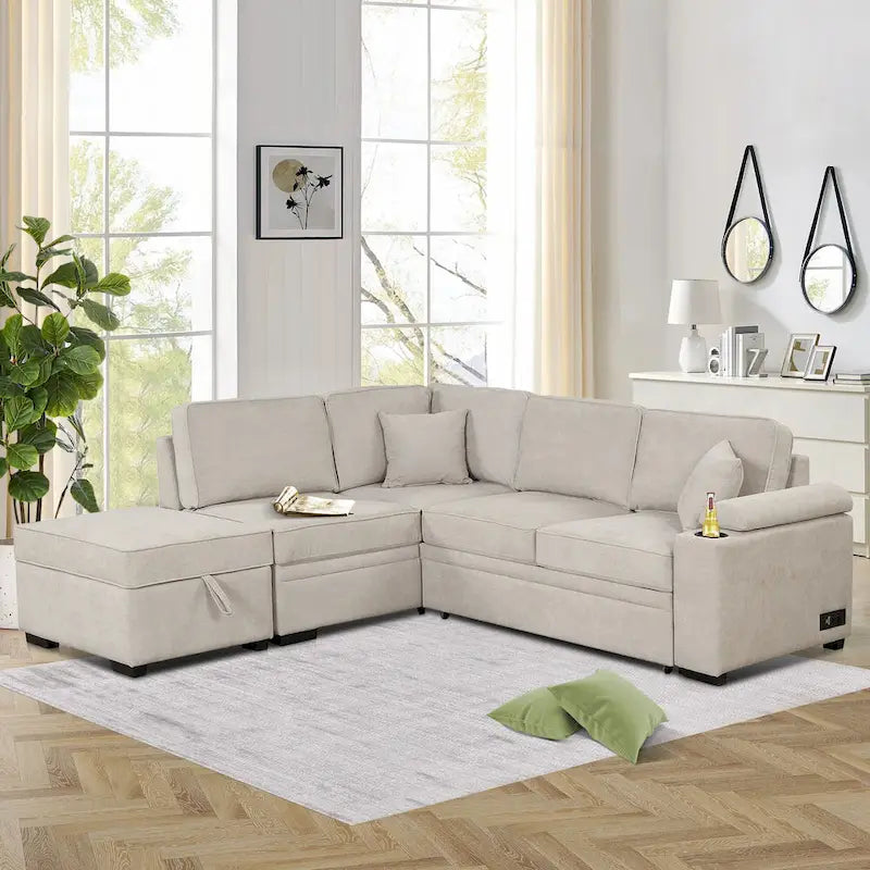 84.75 L-förmiges 5-Sitzer-Sofa mit Stauraum-Ottomane, 2-in-1 Ausziehsofa für das Wohnzimmer