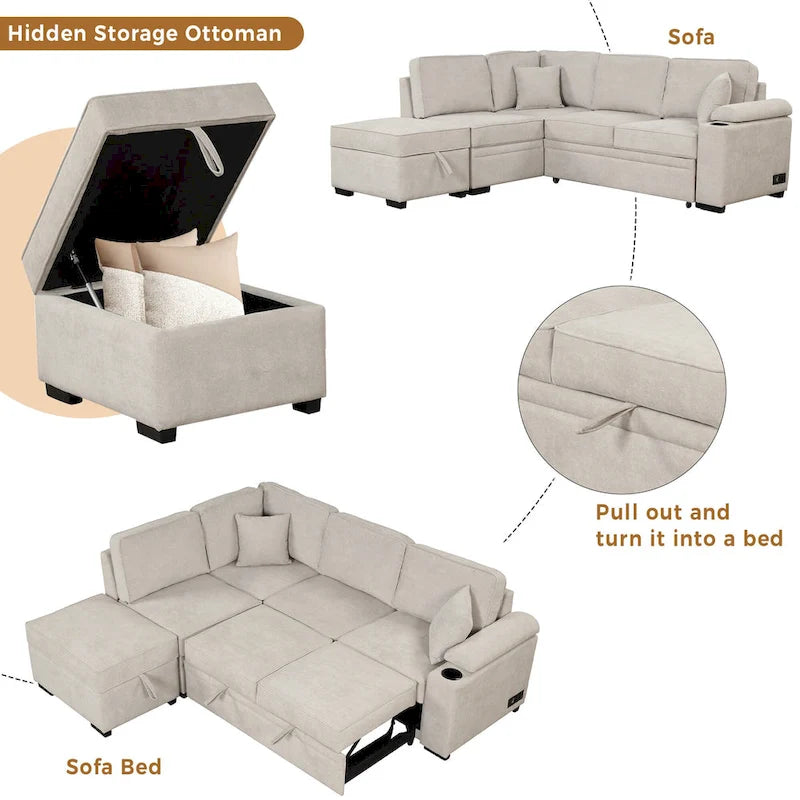 84.75 L-förmiges 5-Sitzer-Sofa mit Stauraum-Ottomane, 2-in-1 Ausziehsofa für das Wohnzimmer
