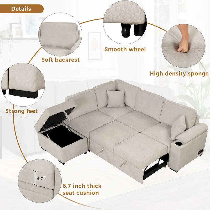84.75 L-förmiges 5-Sitzer-Sofa mit Stauraum-Ottomane, 2-in-1 Ausziehsofa für das Wohnzimmer
