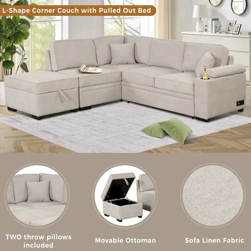 84.75 L-förmiges 5-Sitzer-Sofa mit Stauraum-Ottomane, 2-in-1 Ausziehsofa für das Wohnzimmer
