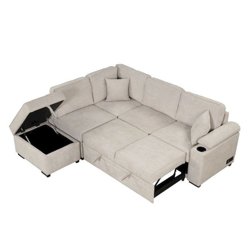 84.75 L-förmiges 5-Sitzer-Sofa mit Stauraum-Ottomane, 2-in-1 Ausziehsofa für das Wohnzimmer