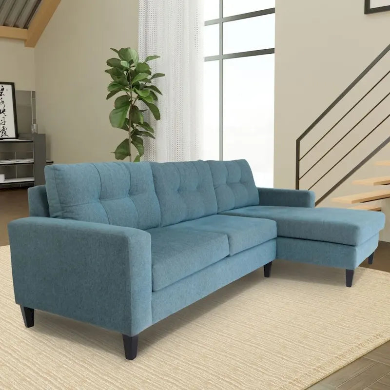 Moderne L-förmige Eckcouch, Blauer Polyester-Nylon-Bezug, Massivholzrahmen