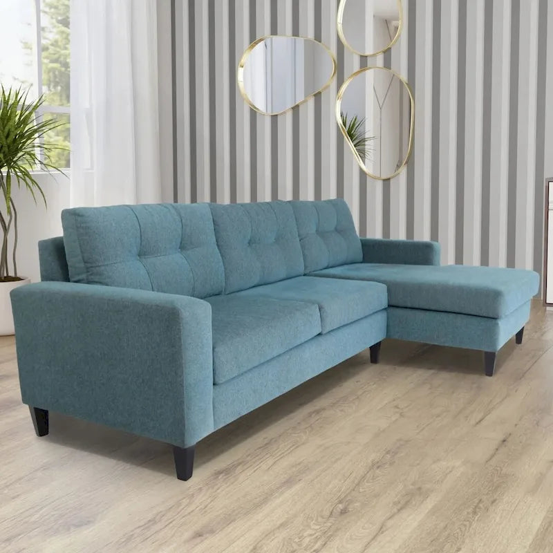 Moderne L-förmige Eckcouch, Blauer Polyester-Nylon-Bezug, Massivholzrahmen
