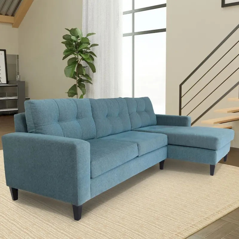 Moderne L-förmige Eckcouch, Blauer Polyester-Nylon-Bezug, Massivholzrahmen