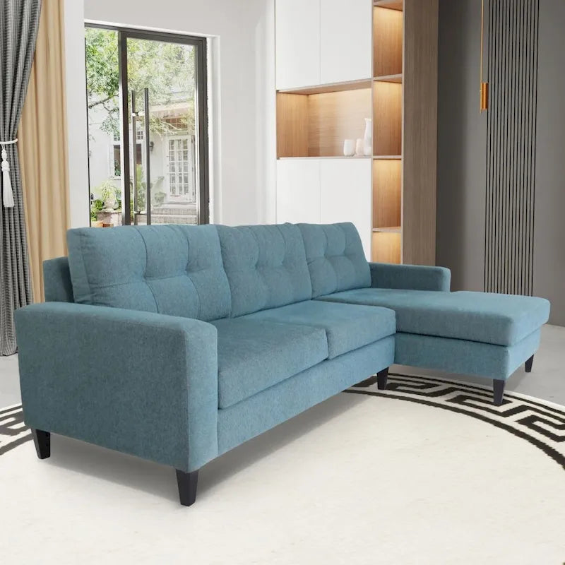 Moderne L-förmige Eckcouch, Blauer Polyester-Nylon-Bezug, Massivholzrahmen