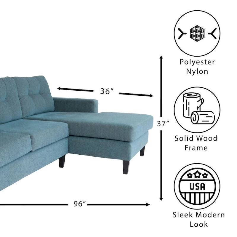 Moderne L-förmige Eckcouch, Blauer Polyester-Nylon-Bezug, Massivholzrahmen