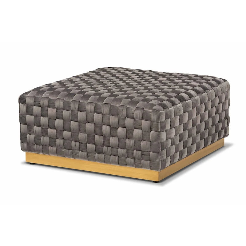 Luxe Glam Quadratischer Cocktail-Ottomane, grauer Samt, goldener Sockel