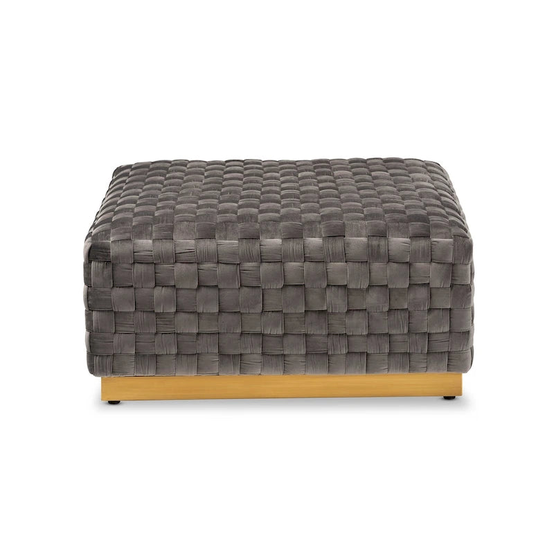 Luxe Glam Quadratischer Cocktail-Ottomane, grauer Samt, goldener Sockel