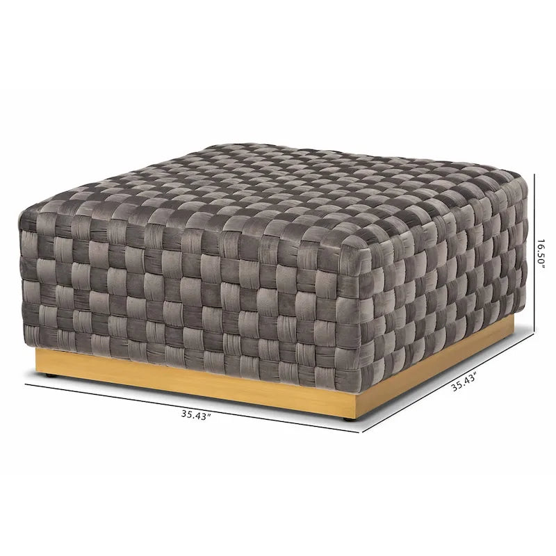 Luxe Glam Quadratischer Cocktail-Ottomane, grauer Samt, goldener Sockel