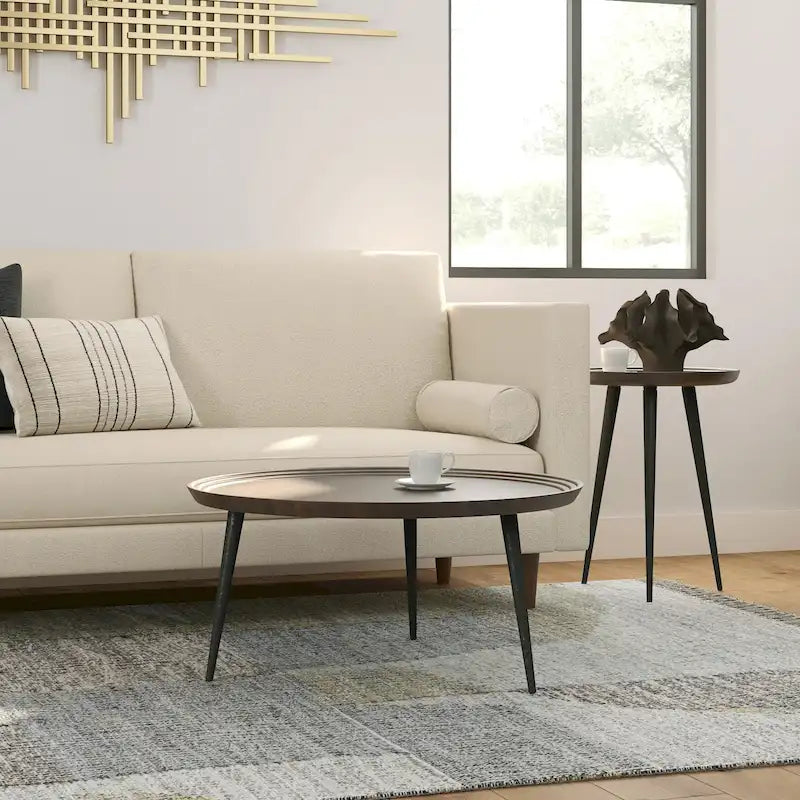 Moderner runder Couchtisch im Industriedesign in Cognac – 30T x 30B x 17H