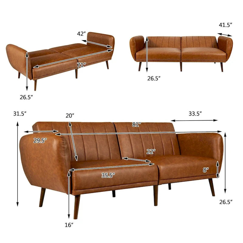 Schlafsofa Futon Kunstleder Verstellbar mit Holzbeinen – 81 x 33,5 x 31,5 (L x B x H)