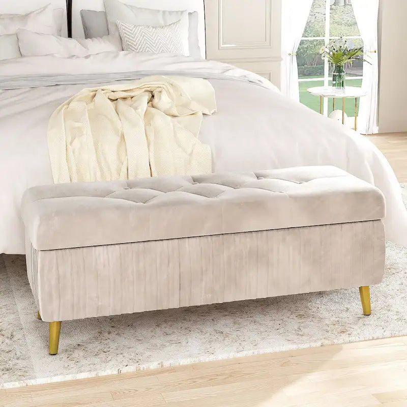 Moderne gepolsterte Ottomane mit Stauraumfunktion, Samtbezug und Knöpfen, perfekt für Schlafzimmer, Wohnzimmer, Eingangsbereich