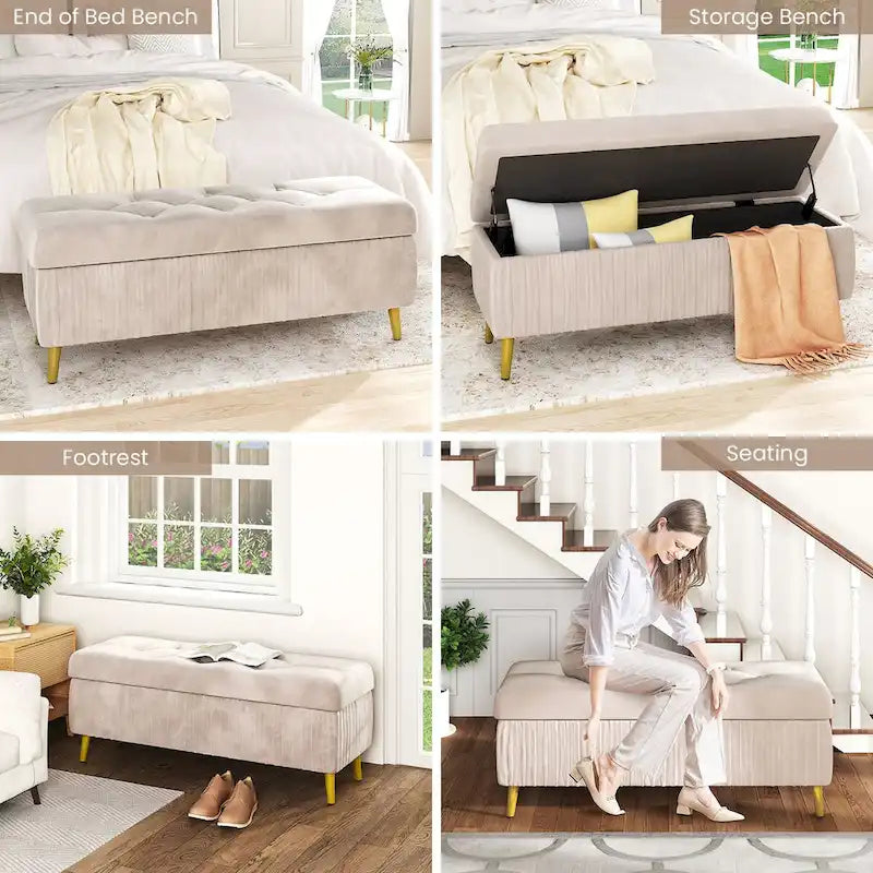 Moderne gepolsterte Ottomane mit Stauraumfunktion, Samtbezug und Knöpfen, perfekt für Schlafzimmer, Wohnzimmer, Eingangsbereich