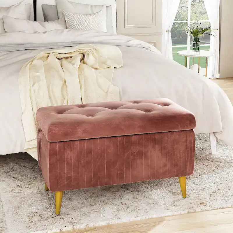 Moderne gepolsterte Ottomane mit Stauraumfunktion, Samtbezug und Knöpfen, perfekt für Schlafzimmer, Wohnzimmer, Eingangsbereich
