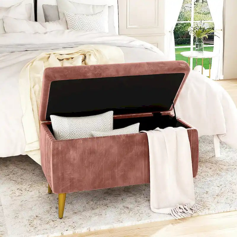 Moderne gepolsterte Ottomane mit Stauraumfunktion, Samtbezug und Knöpfen, perfekt für Schlafzimmer, Wohnzimmer, Eingangsbereich