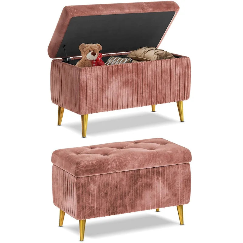 Moderne gepolsterte Ottomane mit Stauraumfunktion, Samtbezug und Knöpfen, perfekt für Schlafzimmer, Wohnzimmer, Eingangsbereich