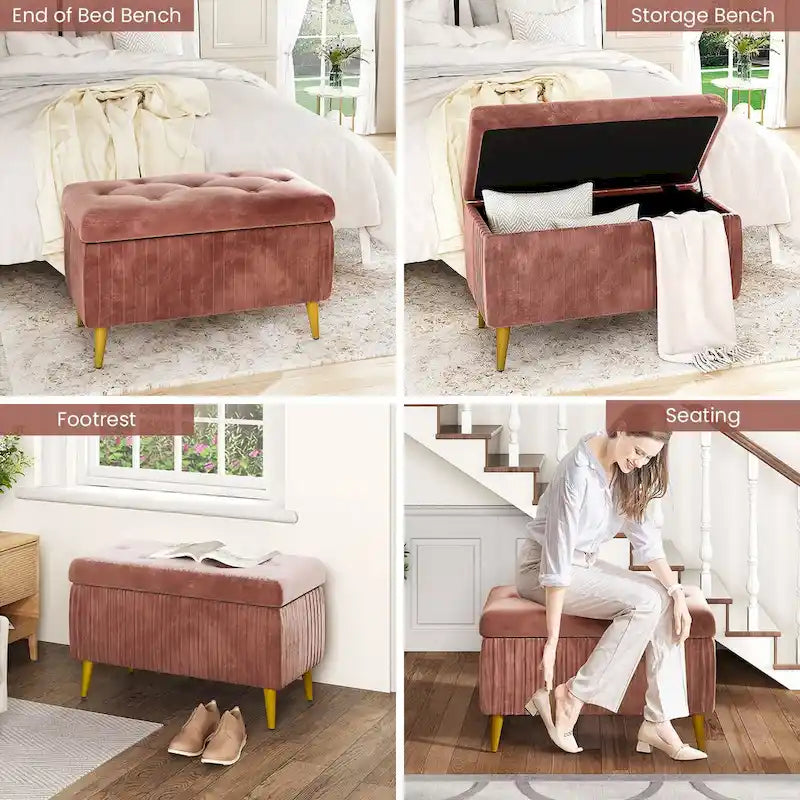 Moderne gepolsterte Ottomane mit Stauraumfunktion, Samtbezug und Knöpfen, perfekt für Schlafzimmer, Wohnzimmer, Eingangsbereich