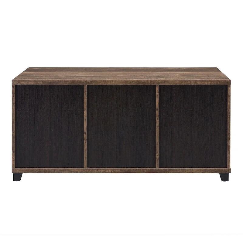 Rustikaler Eichen- und schwarzer Couchtisch mit Schiebetüren aus undurchsichtigem Glas – 119 cm L x 61 cm B x 58 cm H