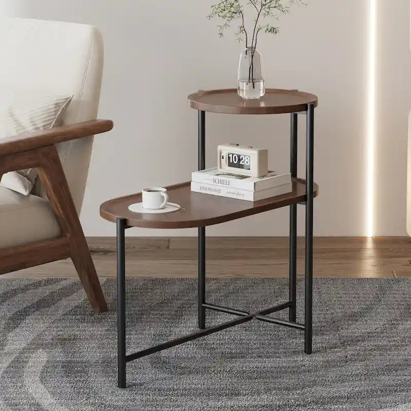 Kleine Couchtische 2-stöckiger moderner Sofa-Beistelltisch mit Holzablage Wohnzimmer Beistelltische Nachttische (Walnussbraun)