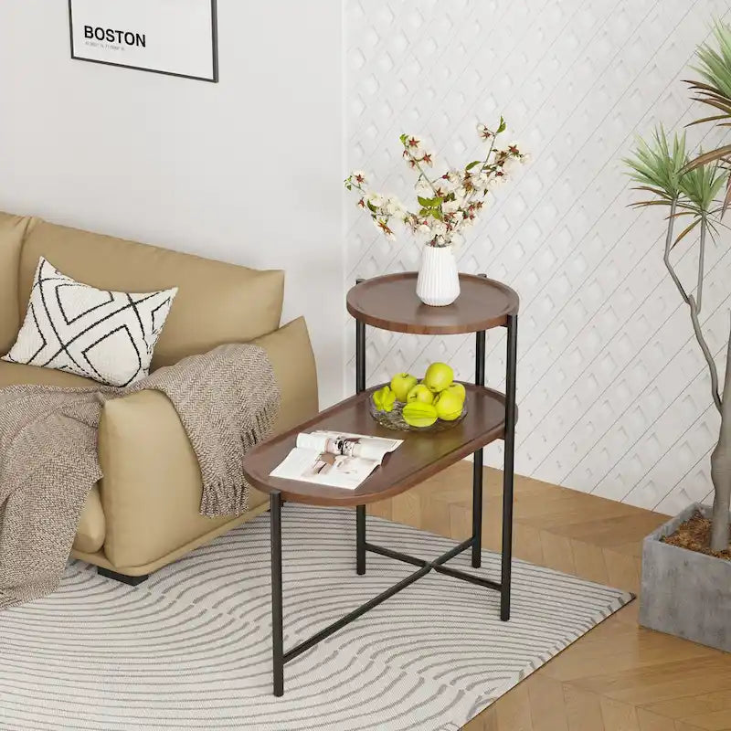 Kleine Couchtische 2-stöckiger moderner Sofa-Beistelltisch mit Holzablage Wohnzimmer Beistelltische Nachttische (Walnussbraun)