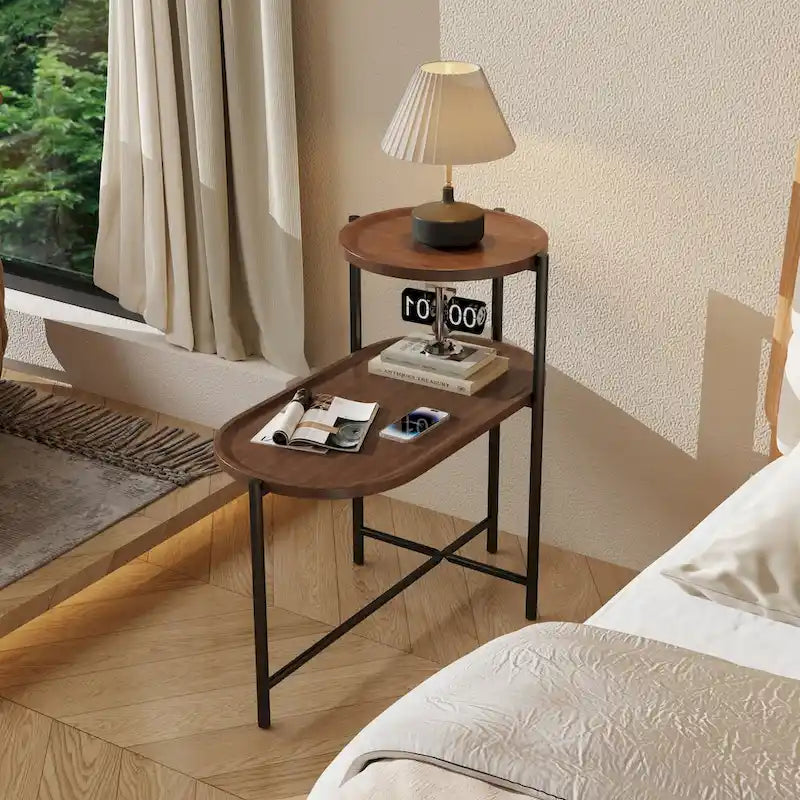 Kleine Couchtische 2-stöckiger moderner Sofa-Beistelltisch mit Holzablage Wohnzimmer Beistelltische Nachttische (Walnussbraun)