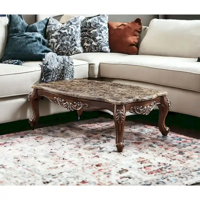 57 Zoll brauner und eichenfarbener Couchtisch in Marmoroptik mit Queen-Anne-Beinen