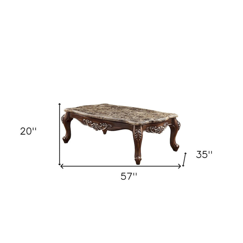 57 Zoll brauner und eichenfarbener Couchtisch in Marmoroptik mit Queen-Anne-Beinen