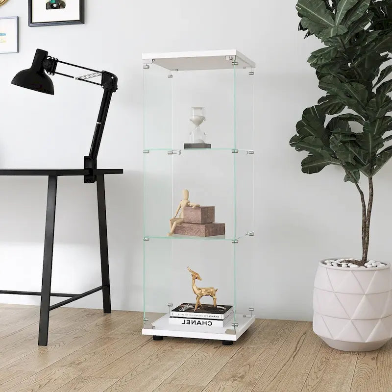 Vitrine mit 3 Einlegeböden, Standvitrine mit einer Tür, weißes Glasregal, schnelle Montage
