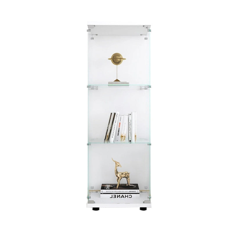 Vitrine mit 3 Einlegeböden, Standvitrine mit einer Tür, weißes Glasregal, schnelle Montage