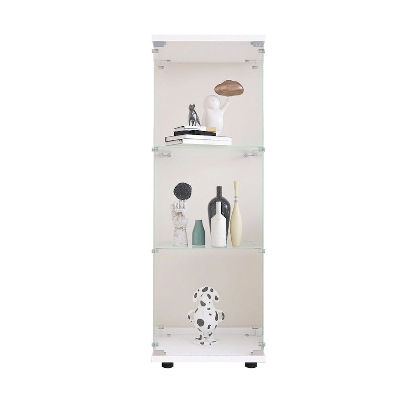 Vitrine mit 3 Einlegeböden, Standvitrine mit einer Tür, weißes Glasregal, schnelle Montage