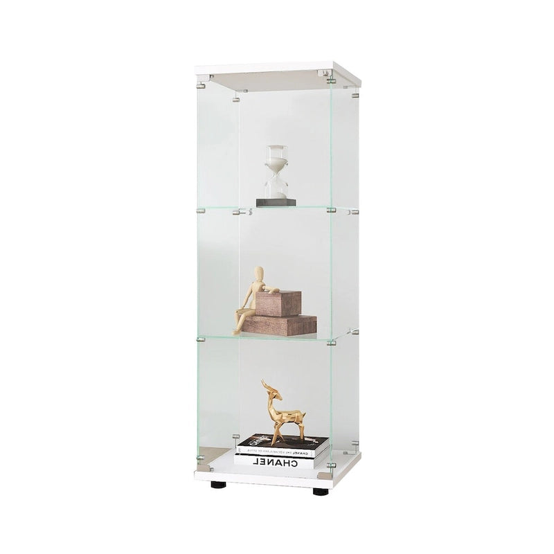 Vitrine mit 3 Einlegeböden, Standvitrine mit einer Tür, weißes Glasregal, schnelle Montage