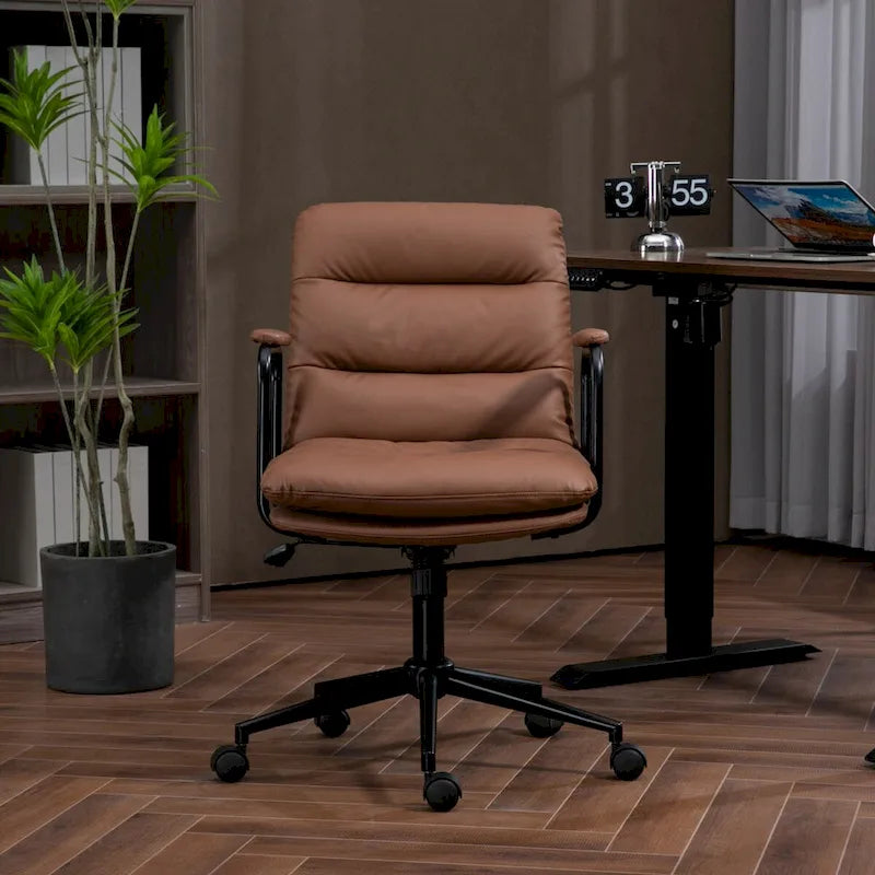 Office Chair,Mid Back Home Office Desk Task Chair with Wheels and Arms Ergonomic PU Leather Computer Rolling Swivel Chair