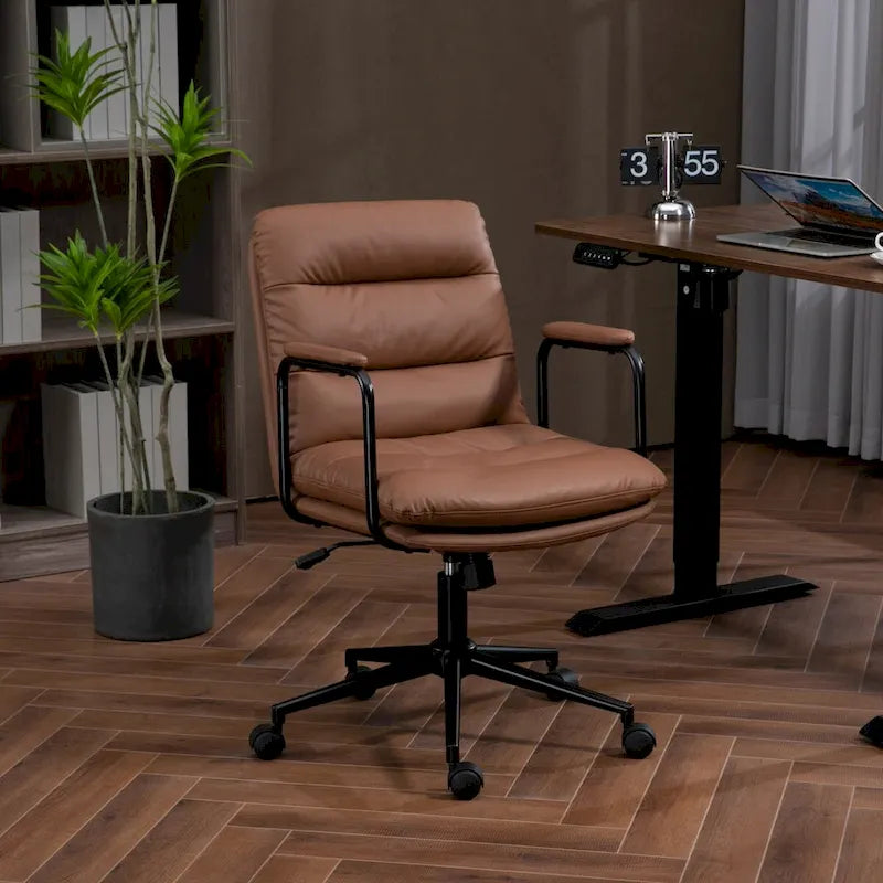 Bürostuhl, Home-Office-Schreibtischstuhl mit mittelhoher Rückenlehne, Rollen und Armlehnen, ergonomischer Drehstuhl aus PU-Leder