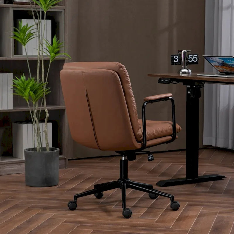 Bürostuhl, Home-Office-Schreibtischstuhl mit mittelhoher Rückenlehne, Rollen und Armlehnen, ergonomischer Drehstuhl aus PU-Leder