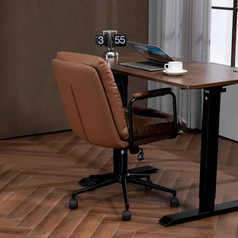 Bürostuhl, Home-Office-Schreibtischstuhl mit mittelhoher Rückenlehne, Rollen und Armlehnen, ergonomischer Drehstuhl aus PU-Leder