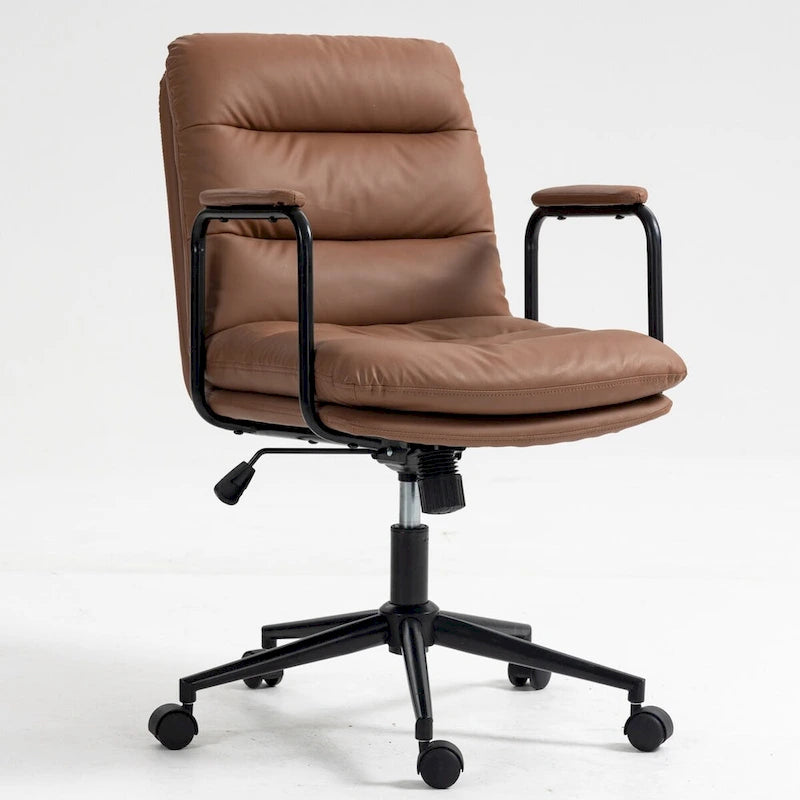 Bürostuhl, Home-Office-Schreibtischstuhl mit mittelhoher Rückenlehne, Rollen und Armlehnen, ergonomischer Drehstuhl aus PU-Leder