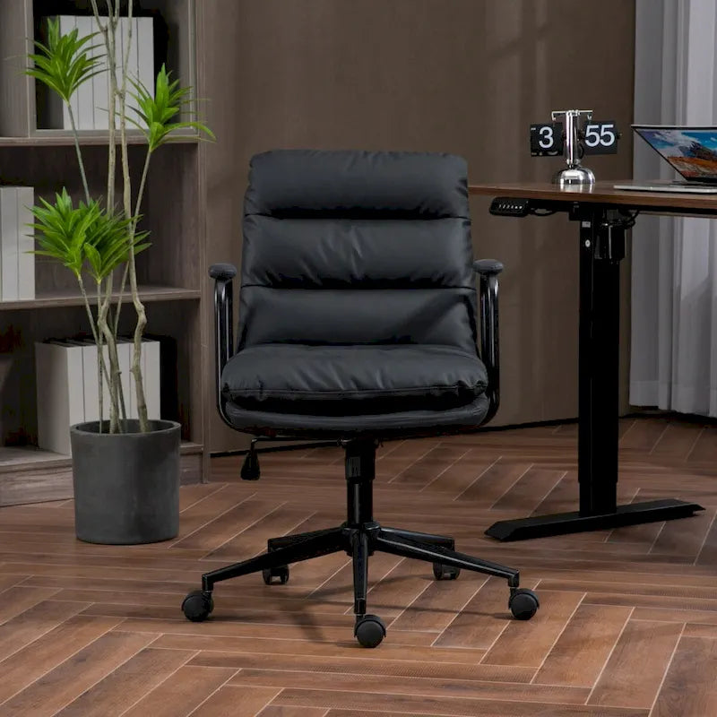 Bürostuhl, Home-Office-Schreibtischstuhl mit mittelhoher Rückenlehne, Rollen und Armlehnen, ergonomischer Drehstuhl aus PU-Leder