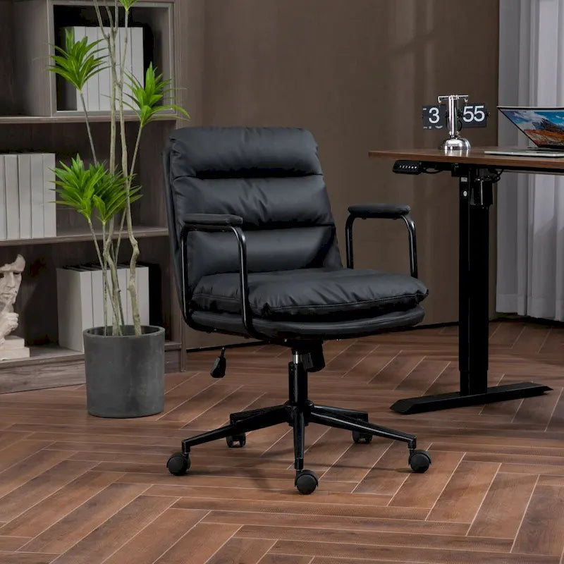 Bürostuhl, Home-Office-Schreibtischstuhl mit mittelhoher Rückenlehne, Rollen und Armlehnen, ergonomischer Drehstuhl aus PU-Leder