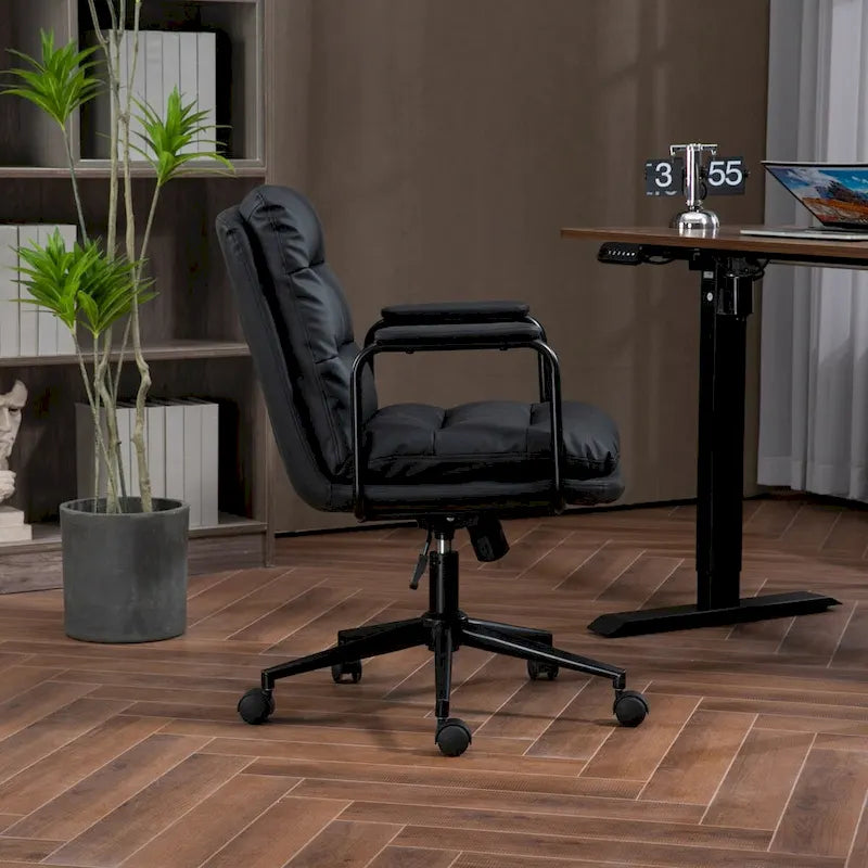 Bürostuhl, Home-Office-Schreibtischstuhl mit mittelhoher Rückenlehne, Rollen und Armlehnen, ergonomischer Drehstuhl aus PU-Leder