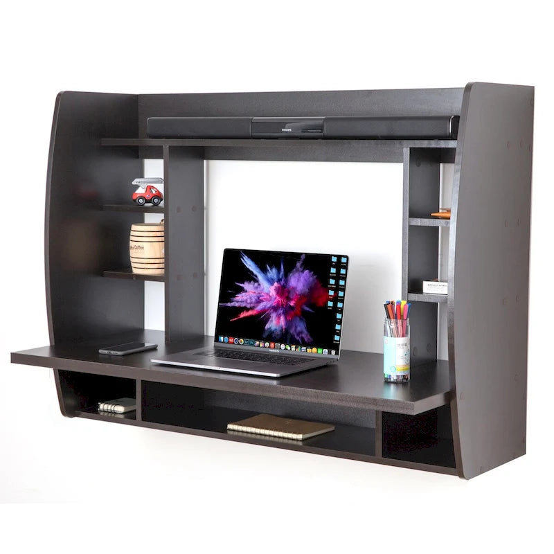 Vielseitiger Wand-Klapptisch/Schwebender Computertisch – Stilvoller und platzsparender Schreibtisch mit Regalen – Ideal für das Wohnzimmer