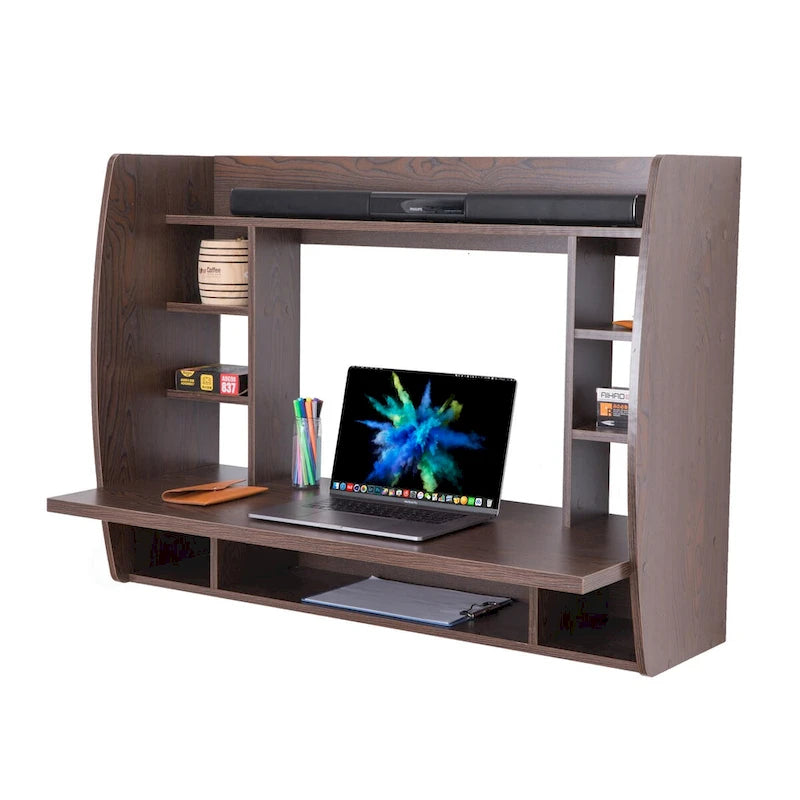 Vielseitiger Wand-Klapptisch/Schwebender Computertisch – Stilvoller und platzsparender Schreibtisch mit Regalen – Ideal für das Wohnzimmer